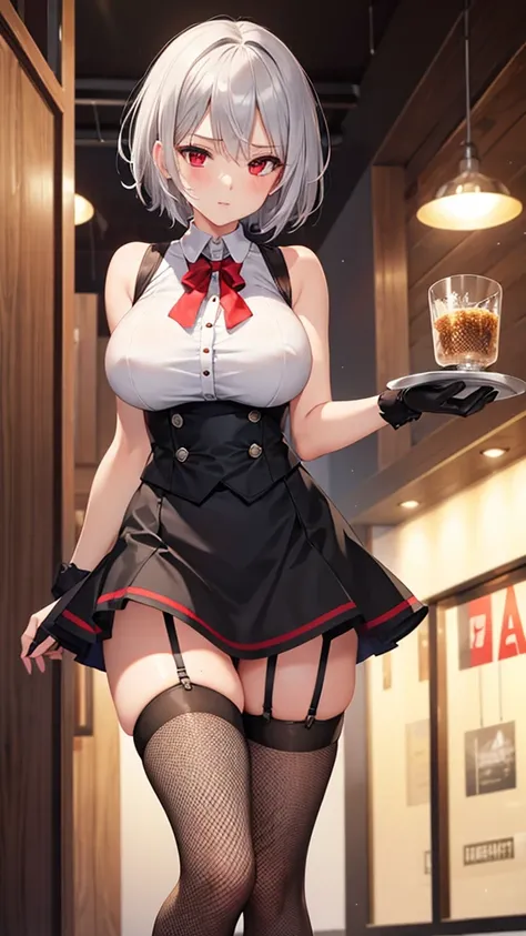 best quality, ultra detailed, 1 girl, silver hair, short hair, red eyes, large breasts, waitress, mini skirt, garter belt, Sleeveless, black fishnet tights,