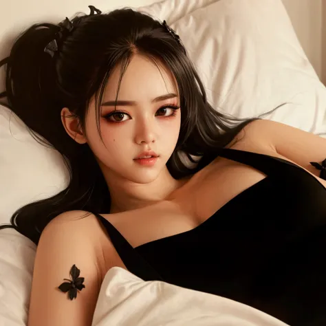 A close up of a woman lying in bed, portrait of a girl, realistic art style,  artwork in the style of guweiz , Cara sexy with full makeup,  cruel Korean Gothic girl , photorealistic !!!!!!! art style, ig model |  Germ of Art, korean girl, anime vibes, Cara...