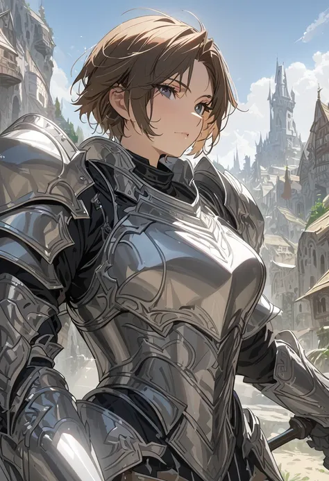 Solo female, human, paladin, brownhair, short hair, medium armor, silver armor, zweihander, fantasy, village, masterpiece, highest quality, close up