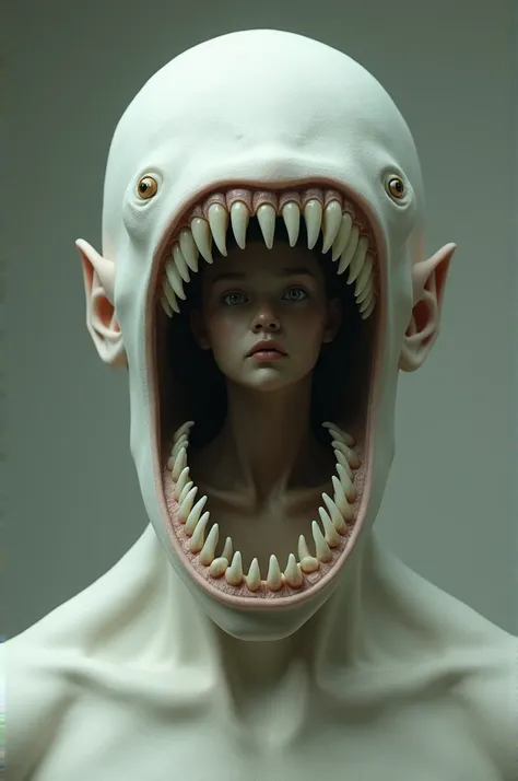 a white head, without eyes, without a nose, with a large mouth with six rows of teeth, with a face inside the mouth