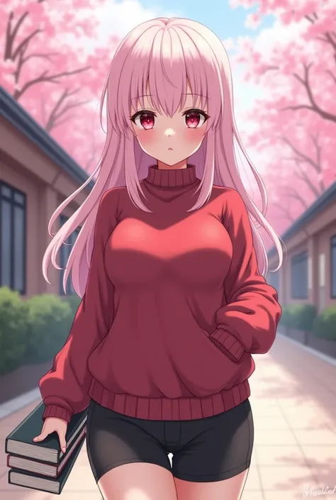 anime female, long straight light pink hair, light pink bangs, light pink hair, holding books, black biker shorts walking, school background, cherry blossom trees red sweater, curvy body, big breast, light red crimson eyes, embarrassed 