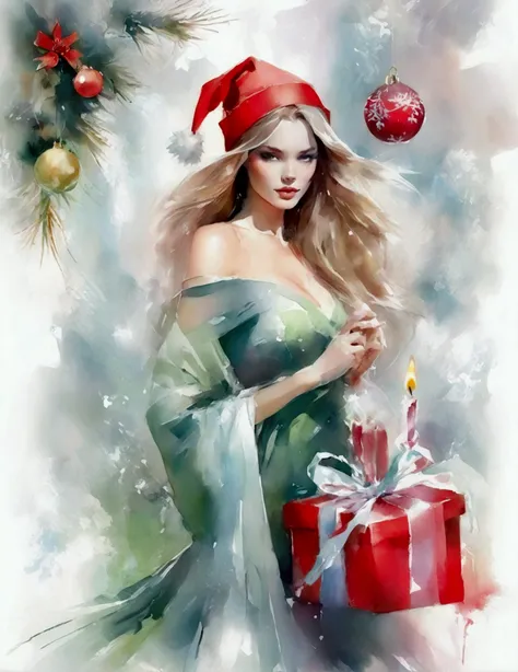 Merry Christmas greetings, the words "Merry Christmas & Happy New Year" are displayed. woman model in a Santa Claus costume, Horizontal fringe hair, super cute. Christmas advertisement, high-end fashion illustration, magazine illustration, watercolor illus...