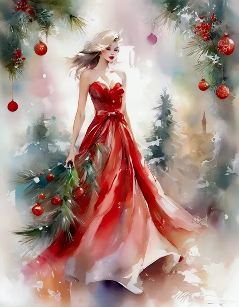 Merry Christmas greetings, the words "Merry Christmas & Happy New Year" are displayed. woman model in a Santa Claus costume, Horizontal fringe hair, super cute. Christmas advertisement, high-end fashion illustration, magazine illustration, watercolor illus...