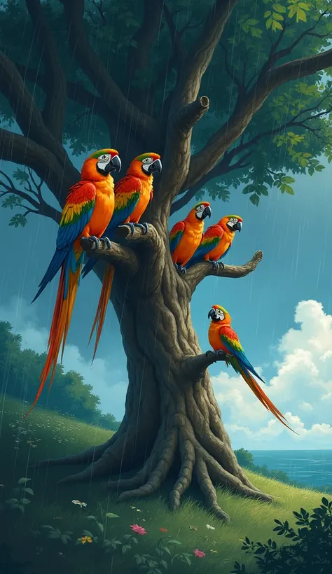 Little parrots stand out for nothing. Orange, with beautiful colorful wings, are calling other birds to gather on a large, safe tree. During a strong wind storm, ask for a ghibli cartoon image.