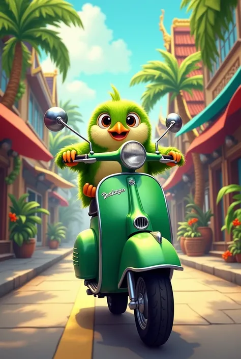 Green Duolingo ride a vespa in Thailand 