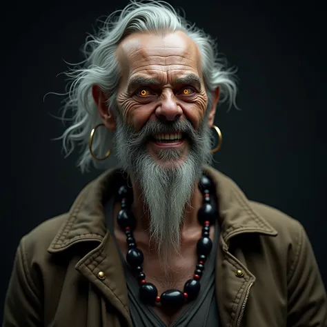 An old man with a sinister and frightening demeanor, glowing brown eyes that emit an eerie light, a sharp and macabre smile, and a long, scruffy beard. He wears a weathered leather jacket, a beaded necklace with black spheres, and gold hoop earrings. His e...