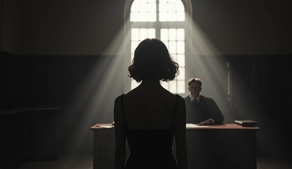 "Sophie Scholl in a 1940s courtroom, standing tall in front of a severe judge. She faces the room with a defiant expression, bathed in a solitary beam of light cutting through the dim, oppressive atmosphere. Historical accuracy, high contrast, and dramatic...