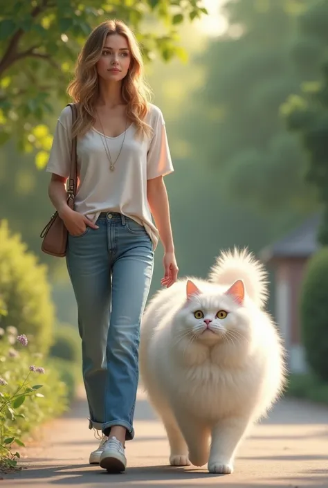 A woman in casual clothes walks with a large angora cat 