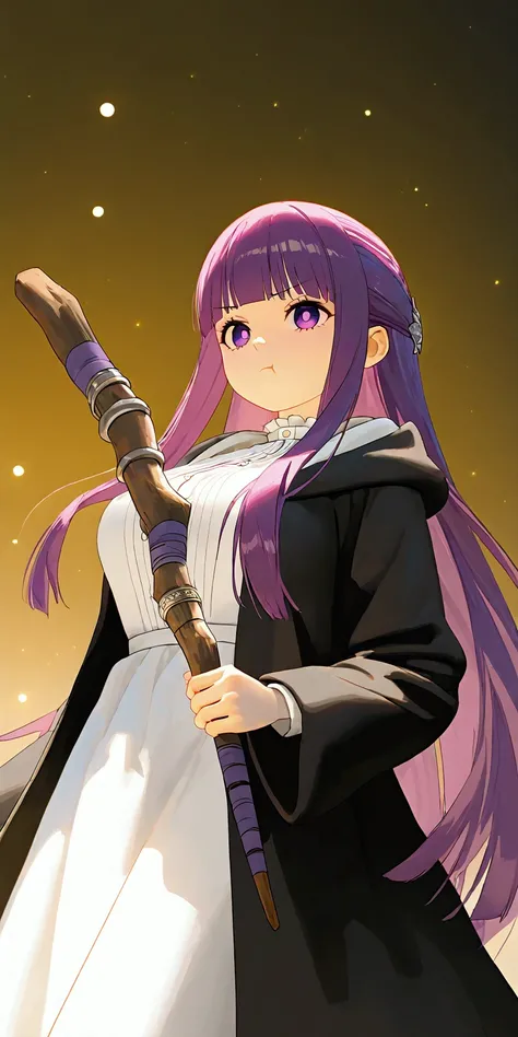 solo,1girl,fern(sousou no frieren),long hair,purple eyes,purple hair,holding wand,bangs,long sleeves,white dress,shirt,wide sleeves, nurefpnxl, breasts,white dress, black coat,:t, pout.3d,(from below),close up of face,forrest,Open space. BREAK .quality(8k,...