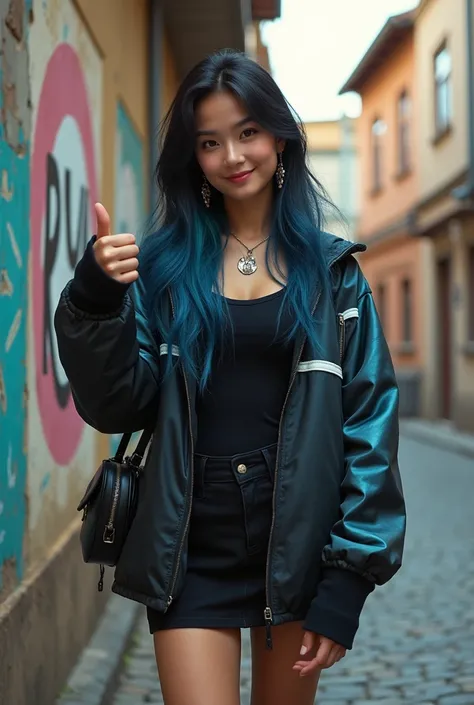 A detailed and colorful low-angle digital shot shows a beautiful young woman with a mongoloid-Chinese face, black and blue hair at the ends, long waves in a contemporary jacket, smiling sweetly, standing with a random thumbs-up pose. The person was wearing...