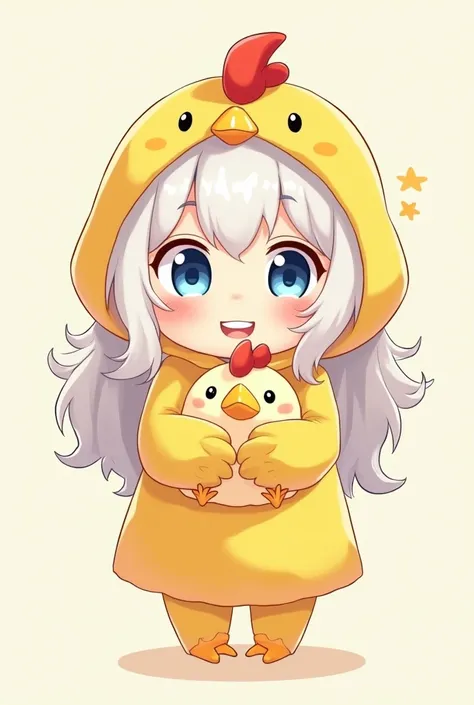  Chibi super cute yellow chicken costume with hood .пухkый  charming  ребенок-грудничок , long wavy white hair visible from under the hood ,,big blue eyes, plump cheeks ,dimples on cheeks,laughs, two front teeth are visible , charming , holds a very realis...