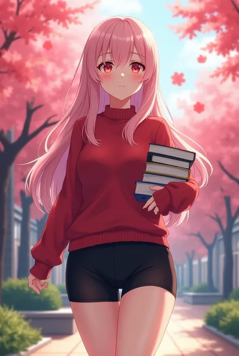 anime female, long straight light pink hair, light pink bangs, light pink hair, holding books, black biker shorts walking, school background, cherry blossom trees red sweater, curvy body, big breast, light red crimson eyes, embarrassed, white skin