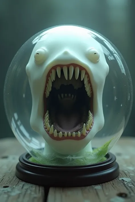 a white head, without a body, in a glass globe, without eyes, without a nose, with a large mouth with six rows of teeth, with a face inside the mouth