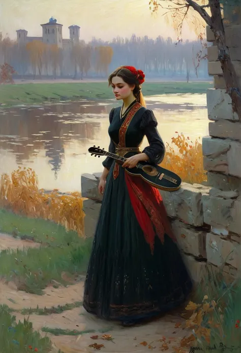 In this painting ‘Dragonfly’, by Vasily Polenov, you can see a woman with a guitar behind her back walking along the stone fence of an autumn park. The young beauty is sad, she has her head down and is thinking deeply about something. 

On the heroines rin...