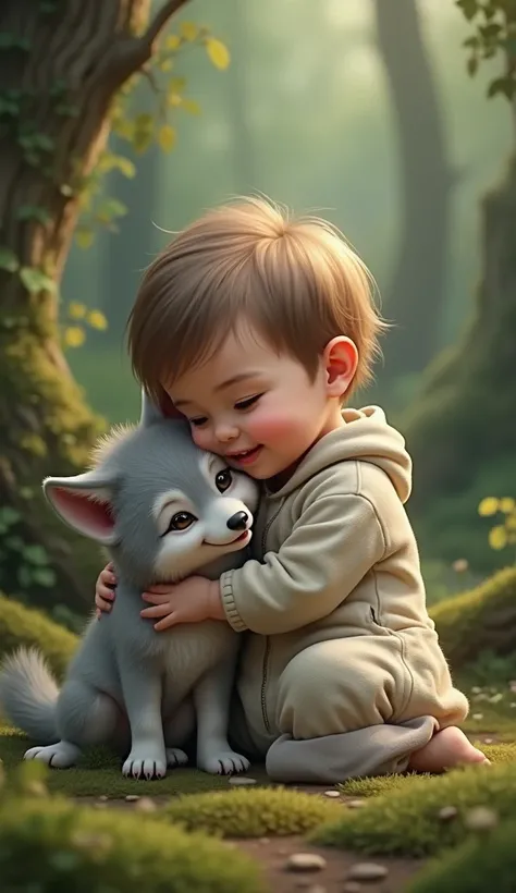 a one-year-old cuddled with a mini wolf cub