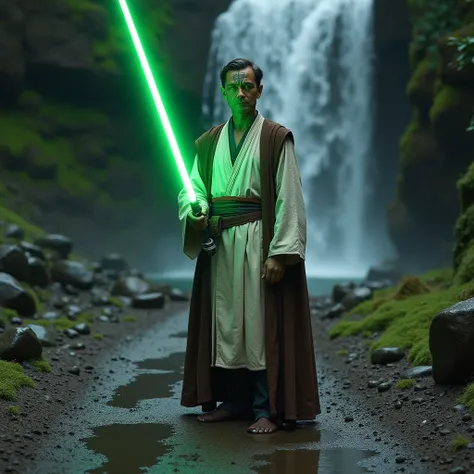 Green-skinned man with tattoos on his face.  with blue eyes .  she wears white and brown Jedi robes . He carries in his hand a single-leaf lightsaber of green color . He is standing in the middle of a wet dirt path.  Around him is a waterfall , stones and ...