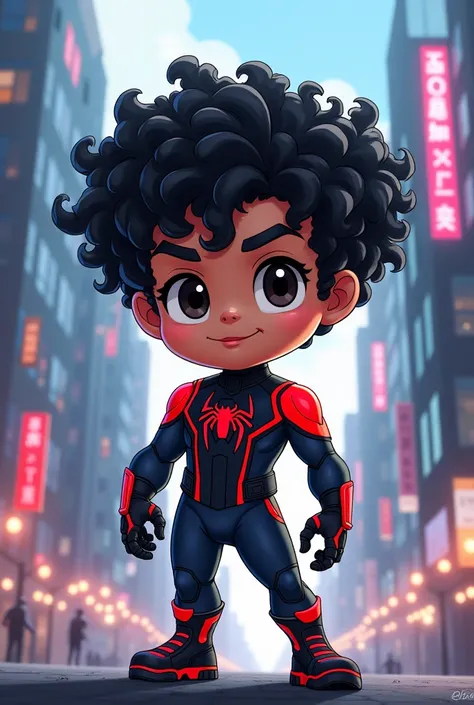 Generate a chibi image of Spiderman 2099 ,  as a Latino man with frizzy hair in a black