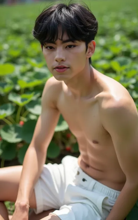 realistic 32k movy shot of young handsome 18 year good looking mulscle dressed white short pants sitเก็บสตรอเบอรี่สีแดง ใส่ตะกร้าจนเต็ม ล้นออกมา, White skin, Realistic skin, Black hair , strawberry, sit, Next to the strawberry plant, bright day, Endless, P...