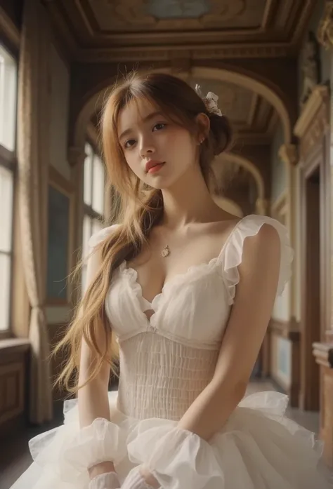 low angle portrays a woman with long, sleek gold hair bun, styled in soft, natural waves that frame her face. She exudes a sultry yet elegant allure, wear deep white ballet dress, body drenched, small round breasts, standing pose in the hall of luxury cast...