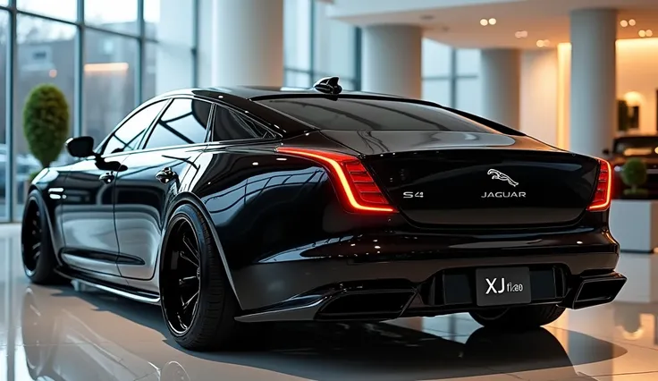 create an ultra-detailed 3D render, of a modern 2025 Jaguar XJ  with a bold design looking long   Like limousine captured from close back side view. The car should feature a Gleamy  black color with a Jaguar xj  logo on its back, a large white detailed gri...