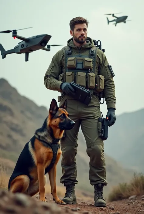 A military soldier with a Drones and a German shepherd dog at his side and an aerial flying drone device 