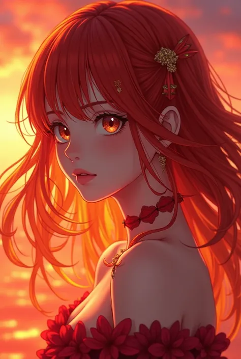 anime icon girl w orange - red colors. Like a sunset. More red than orange