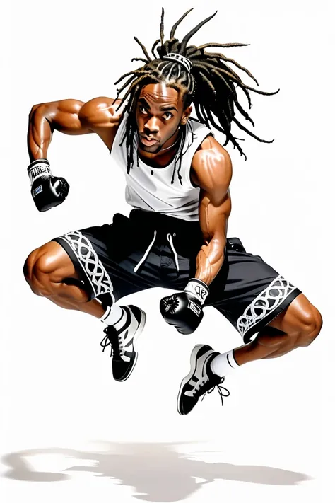 A 26 year old black man, slim muscular, he is wearing detailed gothic ((style shorts, (above the knee length)), he has spikey hair, he has long dreads, his hair is standing up, individual dreads sticking up, dynamic boxing pose, white background