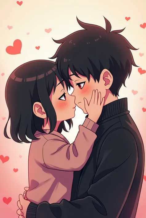 Shy girl with black long hair wearing skirt kisses cheek of boy with black hair wearing black leather jacket chibi anime style 