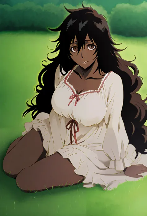 bleach screen cap anime style an thick woman with long black hair curly hair dark brown skin tine and brown eyes curly bangs fluffy hair messy hair wearing a white night gown with long sleeves with ruffles dirty dress thick body big breast sitting on the g...