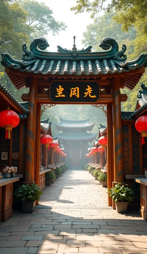 wide space booth ,  on both sides of the gate open to sell food ,  the gate is made of decorative bamboo in addition to the snake-shaped gate that accentuates the gate, in the middle of the gate hangs the inscription  