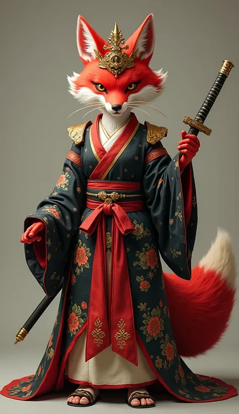 Fox King of Feudal Japan, has a red fox head, with an elegant and agile humanoid body covered in reddish and white fur. Its head is that of a cunning fox, with narrow eyes and pricked ears. She wears traditional Japanese attire from feudal Japan, such as a...