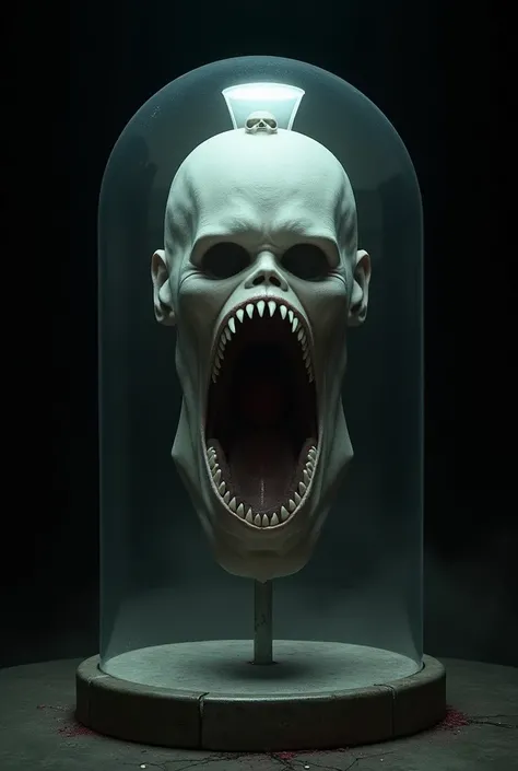 a white head, without eyes, without nose, without body, in a glass globe, with a large mouth with six rows of teeth, and with a mouth on top of the head, with a face inside the mouth, in the black room