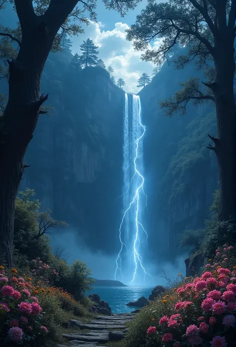 big cliff and mysterious magic forest filled with ancient trees and magics flowers in full bloom. and full of magic sparkling light, There were beams and lightnings of magic from the sky, wonder, and beauty, overall in dark midnight.