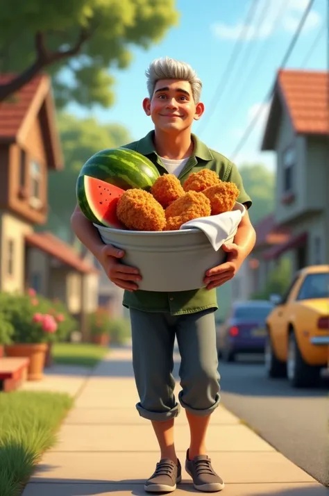 On the way to friend house holding a bucket of chicken and watermelon 