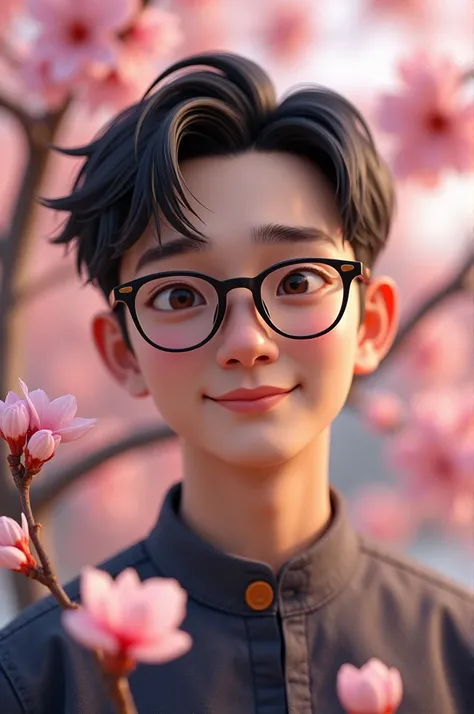 Photorealism An 18 year old Indonesian man with a thin smiling face looking forward ,thin and short body wearing brown Indonesian batik with haircut (short slicked back) ,jeans, wearing retro japanese glasses , Sakura flowers at the background