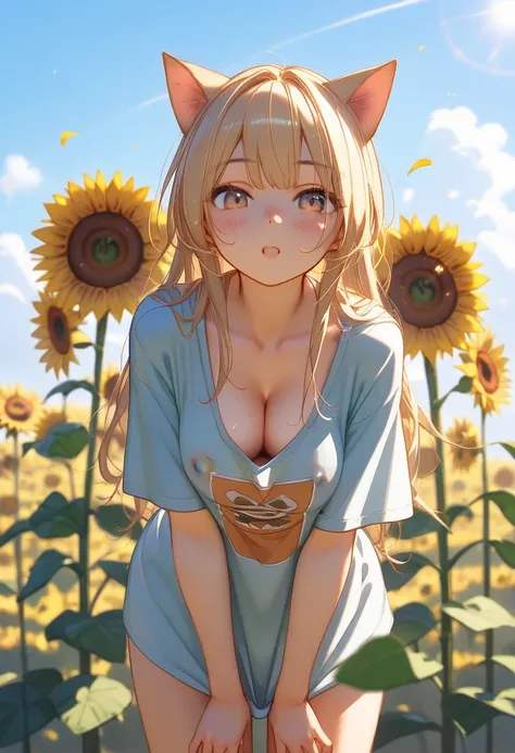 Beautiful girl with cat ears wearing only an oversized, large, and thin t-shirt with an open chest、(( small tits:1.5))、 place your hands on your hips、The upper body is leaning forward 、deep cleavage that looks beautiful、 beautiful、Functional、Fan、bewitching...