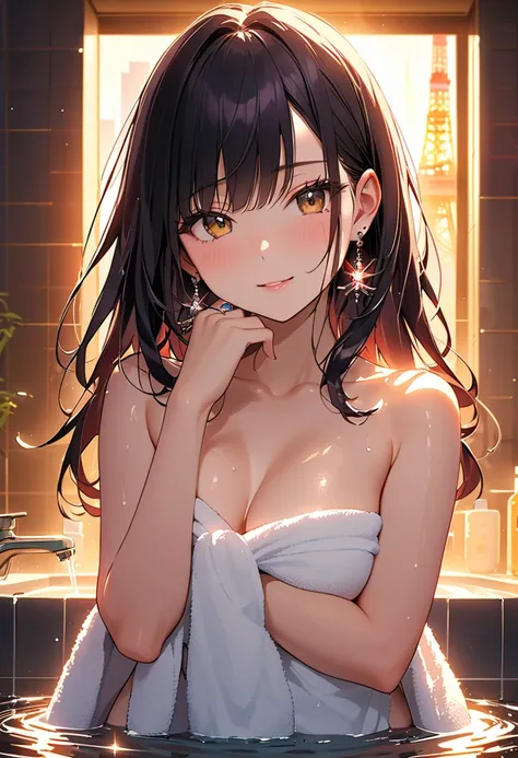 masterpiece,best quality,ultra detailed,high resolution,16k ,  1 girl in uniform,  black long hair by lla, earrings,  bathroom、Skyscrapers in the background、 Tokyo tower 、 night view、bewitching、coquettish、Tempting sensuality、 wet 、( backlit:1.5)、bath towel...