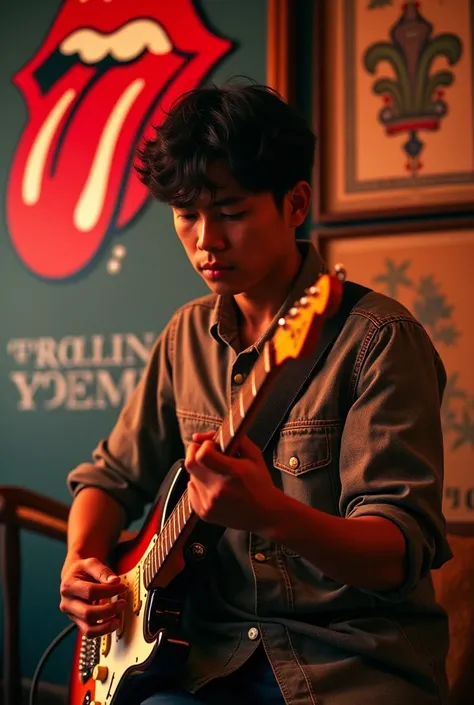 a young Indonesian man is playing guitar lustrik back ground room there is a poster of the Rolling Stones