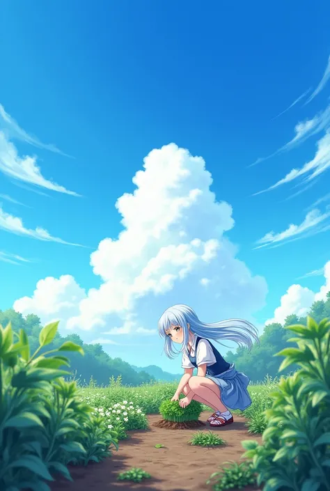 A light blue long-haired anime girl is growing vegetables, and behind it is a beautiful sky.