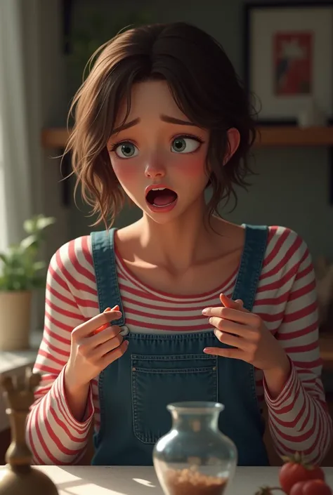 A  broke a vase teh she got a scratch on her finger. Make the cut on her finger visible.
The  is wearing a denim jumper and longsleeves stripes (red and white) inner. The  has brown short wavy hair.
The  is crying loudly