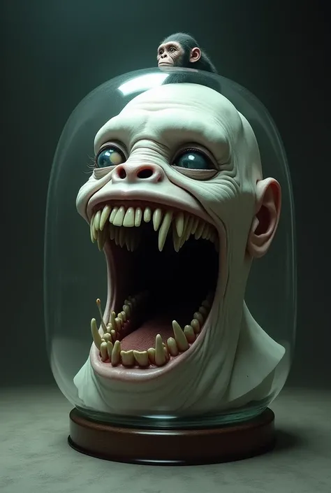 a white head, without eyes, without nose, without body, in a glass globe, with a large mouth with six rows of teeth, and with a mouth on top of the head, with a face inside the mouth, looking like a chimpanzee, in the room black