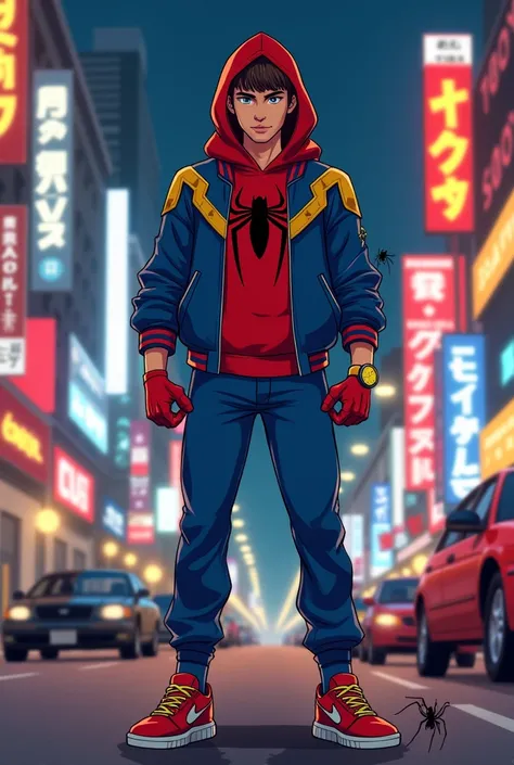 Create a detailed digital vector artwork of a  dressed in a Spider-Man-themed outfit, standing confidently in a vibrant, urban street setting at night. The  wears a red hoodie with a large black spider emblem on the front, a blue jacket with gold accents, ...