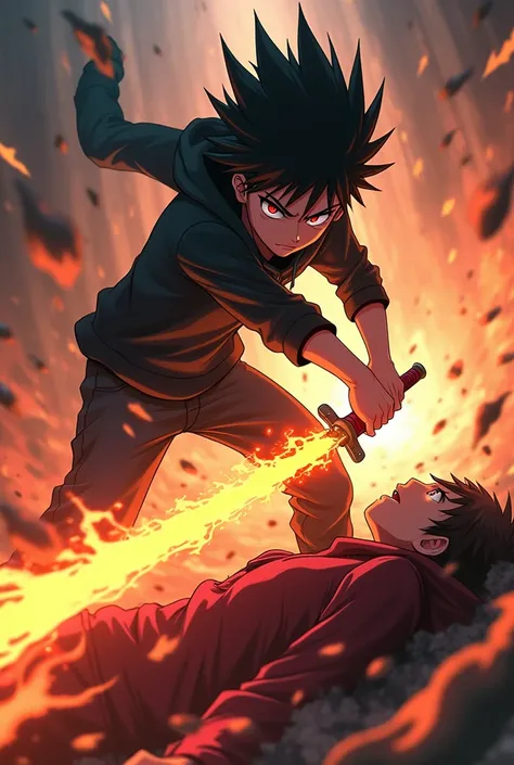 
“Anime teenager with spiky black hair and red eyes in a black hoodie
Looks like he has been in fight
He has a sword in his hand
He releases an attack 

attack should be a fireball fired the sword (massive)

The attack is heading toward a unconscious bald ...