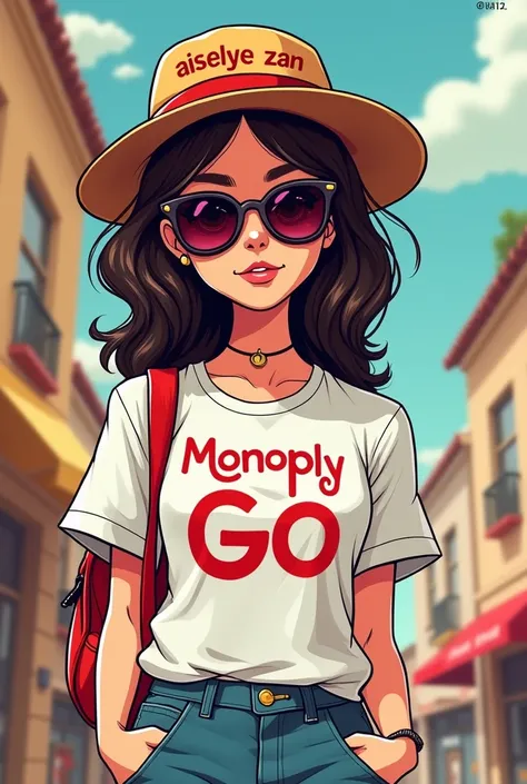 lady cartoon with sunglasses,wearing  shirt,got aiselye zannamed on hat,background got monopoly go theme, monopoly go on shirt