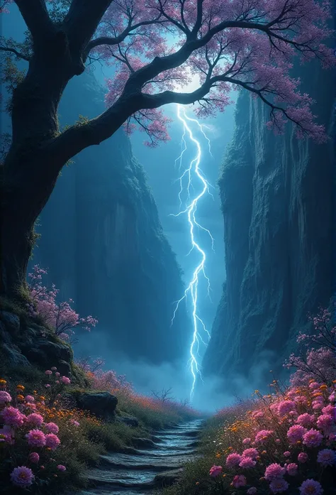 big cliff and mysterious magic forest filled with ancient trees and magics flowers in full bloom. and full of magic sparkling light appear on tree and flowers, There were beams and lightnings of magic from the sky, wonder, and beauty, overall in dark midni...