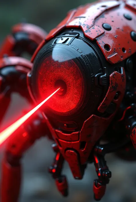 An eye with red legs with a red laser beam coming out of the iris 