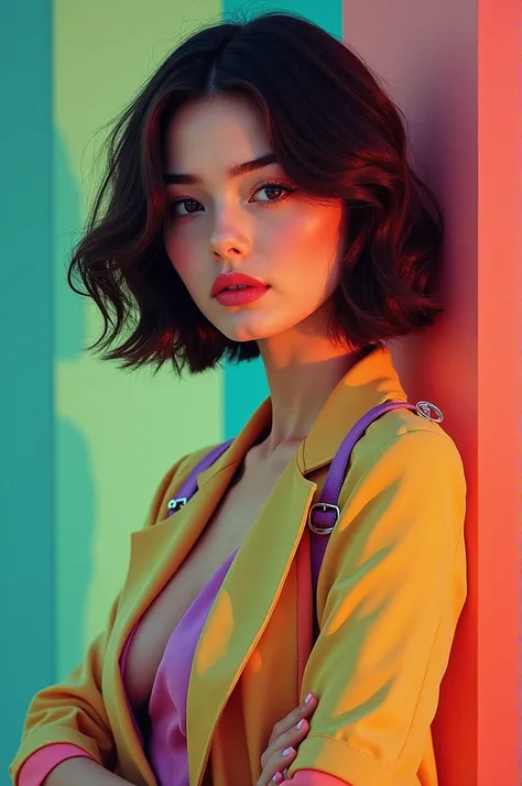 A captivating portrait captures the essence of a modern, elegant, and enchanting young woman, masterfully rendered by Agnes Boulloche. Her short, wavy hair is complemented by a stylish, colorful outfit that accentuates her graceful posture. The background,...