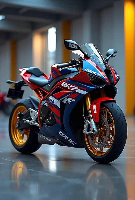 BMW 1000RR motorcycle model 2026 power full colors white blue and red .  with racing style decals with the initials Bk7 on the side .  body kit improved giving a beautiful and impressive look with personalized gold rims