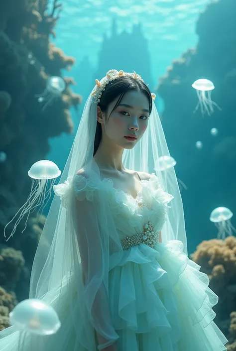  This image shows a smooth and cute white-faced Asian woman as a calm figure in the middle of a calm ocean.  She wears a dress inspired by marine life ,  made of tiered fabric resembling sea foam and coral ,  in soft shades of aqua and pearl .  Her veil is...