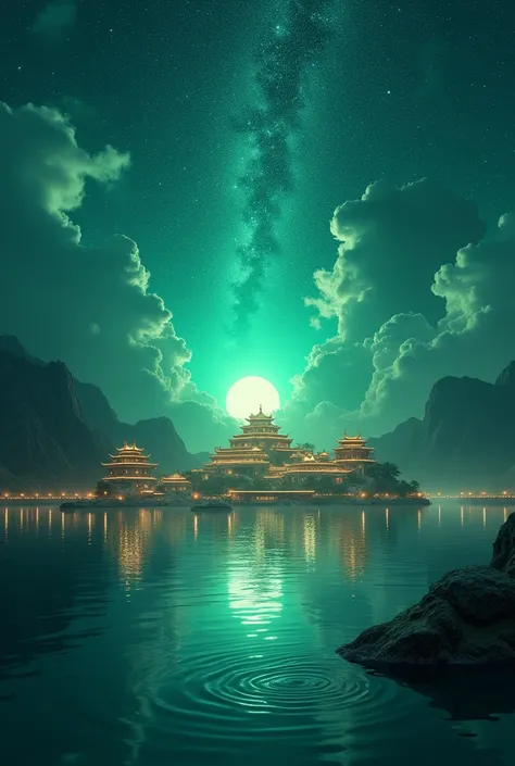  A surreal CG rendering ， A brightly lit ancient Chinese city at sea ，Under the starry night sky， A sacred ray of light touched what you saw，The Milky Way falls ， Dazzling stars ， The surface of the sparkling water ，sunrise，moon，Epic composition， Very Deta...